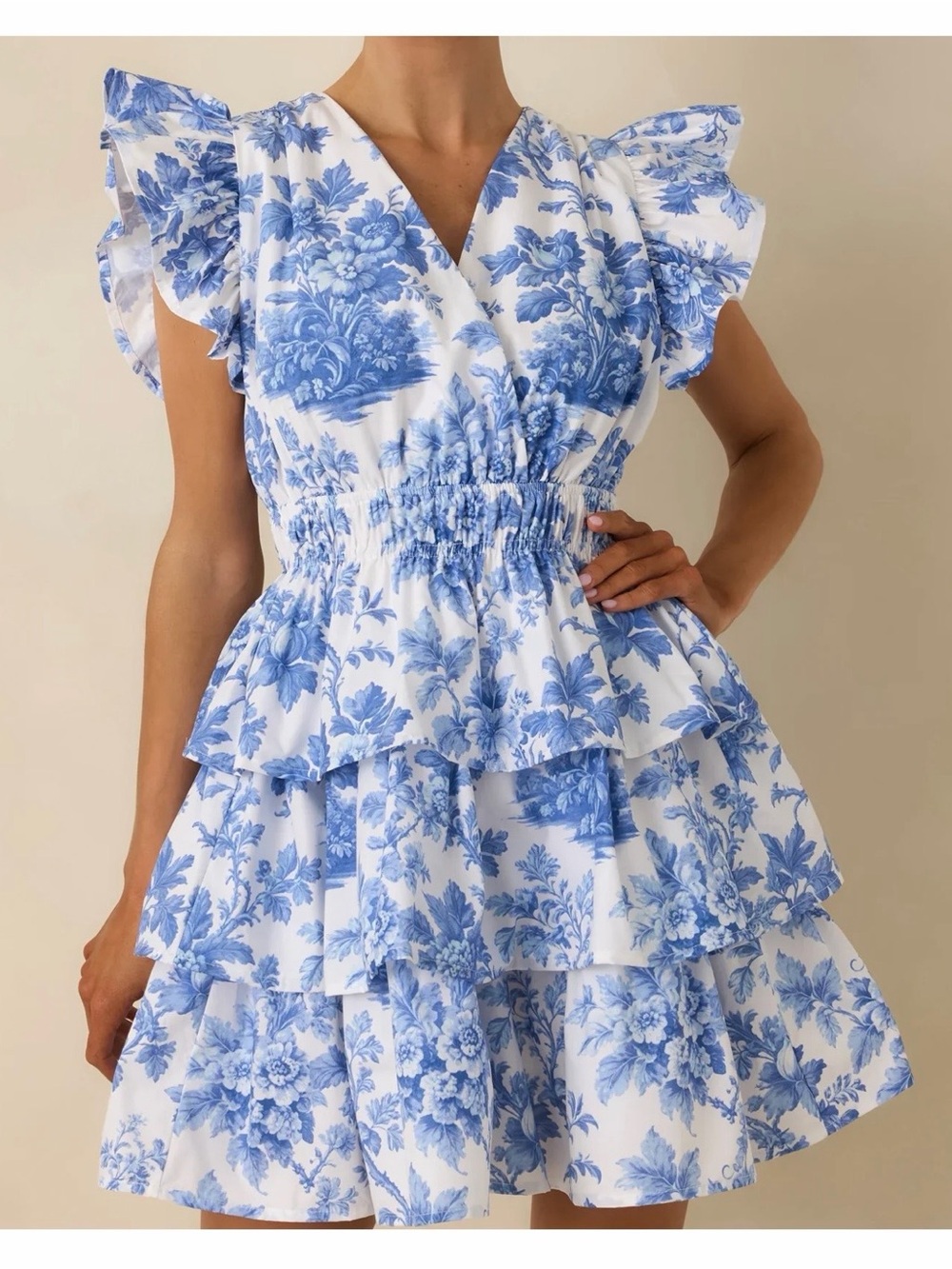 Blue Floral Tiered Mini Dress with Ruffle Sleeves